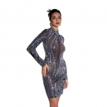 Black Mesh Rhinestones Bodycon See Through Evening Dance Mini Dress