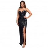 Black Strapless V Neck Sequins Sexy Slit Evening Prom Maxi Dress