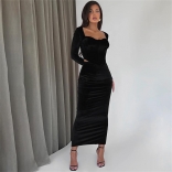 Blakc Long Sleeve Fishbone Low Cut Crop Top Pleated Sexy Midi Skirt Elegant