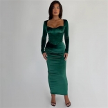 Green Long Sleeve Fishbone Low Cut Crop Top Pleated Sexy Midi Skirt Elegant