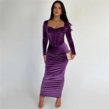 Purple Long Sleeve Fishbone Low Cut Crop Top Pleated Sexy Midi Skirt Elegant