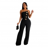 Black Off Shoulder Button Backles Fashion Women Casual Jumpsuit Dress