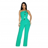 Green Off Shoulder Button Backles Fashion Women Casual Jumpsuit Dress