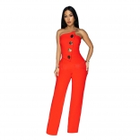 Red Off Shoulder Button Backles Fashion Women Casual Jumpsuit Dress