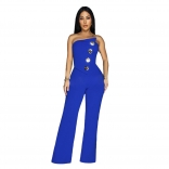 Blue Off Shoulder Button Backles Fashion Women Casual Jumpsuit Dress