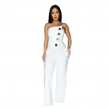 White Off Shoulder Button Backles Fashion Women Casual Jumpsuit Dress