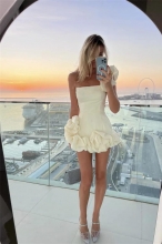 White Off Shoulder Ruffles Pleated Fashion Women Club Office Mini Dress