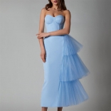 Sky Blue Elegant Off Shoulder Strapless Pleats Mesh Ruffles Party Evening Prom Midi Dress