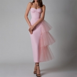 Pink Elegant Off Shoulder Strapless Pleats Mesh Ruffles Party Evening Prom Midi Dress