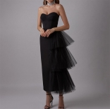 Black Elegant Off Shoulder Strapless Pleats Mesh Ruffles Party Evening Prom Midi Dress