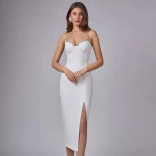 White Straps Off Shoulder Diamonds V Neck Bandage Slit Luxury Prom Midi Dress