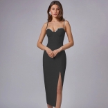 Black Straps Off Shoulder Diamonds V Neck Bandage Slit Luxury Prom Midi Dress