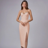 Beige Straps Off Shoulder Diamonds V Neck Bandage Slit Luxury Prom Midi Dress