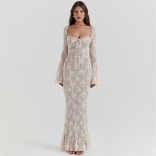 White Long Sleeve Low Cut Lace See Through Off Shoulder Sexy Maxi Dress