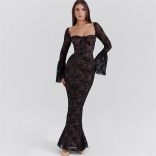 Black Long Sleeve Low Cut Lace See Through Off Shoulder Sexy Maxi Dress