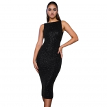 Black Sleeveless Halter O Neck Sequined Backless Party Sexy Bodycon Midi Dress