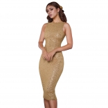 Gold Sleeveless Halter O Neck Sequined Backless Party Sexy Bodycon Midi Dress