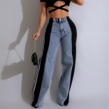 Blue-Black Fashion Denim Women Striped Wide Leg Jeans Casual Stretch Straight Long Pants