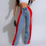 Blue-Red Fashion Denim Women Striped Wide Leg Jeans Casual Stretch Straight Long Pants