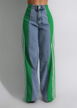 Blue-Green Fashion Denim Women Striped Wide Leg Jeans Casual Stretch Straight Long Pants