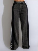 Black Fashion Denim Women Striped Wide Leg Jeans Casual Stretch Straight Long Pants