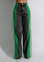 Black-Green Fashion Denim Women Striped Wide Leg Jeans Casual Stretch Straight Long Pants