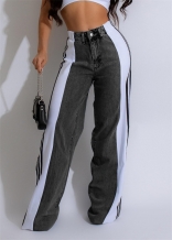 Black-White Fashion Denim Women Striped Wide Leg Jeans Casual Stretch Straight Long Pants