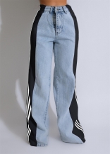 LightBlue-Black Fashion Denim Women Striped Wide Leg Jeans Casual Stretch Straight Long Pants