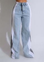 LightBlue-White Fashion Denim Women Striped Wide Leg Jeans Casual Stretch Straight Long Pants