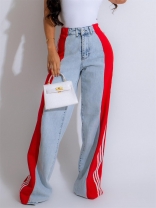 LightBlue-Red Fashion Denim Women Striped Wide Leg Jeans Casual Stretch Straight Long Pants