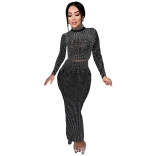 Black Long Sleeve Rhinestones Rhinestones Two Pieces Skirt Midi Dress