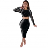 Black Two Pieces Long Sleeve Rhinestones Bodycon Party Prom Midi Dress