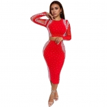 Red Two Pieces Long Sleeve Rhinestones Bodycon Party Prom Midi Dress