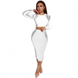 White Two Pieces Long Sleeve Rhinestones Bodycon Party Prom Midi Dress