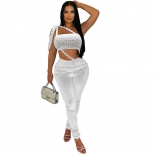 White Off Shoulder Hollow Out Diamonds Pleated Two Pieces Sexy Jumpsuit