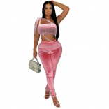 Pink Off Shoulder Hollow Out Diamonds Pleated Two Pieces Sexy Jumpsuit