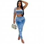 Blue Off Shoulder Hollow Out Diamonds Pleated Two Pieces Sexy Jumpsuit