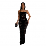 Black Off Shoulder Straps Hollow Out Sexy Women Party Dance Long Dress