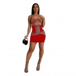 Red Straps Mesh See Through Rhinestone Bodycon Party Mini Dress