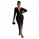 Black Long Sleeve Deep V Neck Luxury Evening Gowns Midi Dress