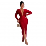 Red Long Sleeve Deep V Neck Luxury Evening Gowns Midi Dress