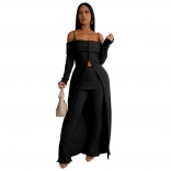 Black Off Shoulder Long Sleeve Striped Two Pieces Pant Sets Catsuit Dress