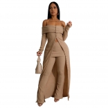 Beige Off Shoulder Long Sleeve Striped Two Pieces Pant Sets Catsuit Dress