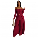 Claret Off Shoulder Long Sleeve Striped Two Pieces Pant Sets Catsuit Dress