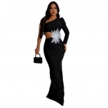 Black One Sleeve Irregular 3D Flowers Pearls Evening Elegant Long Dress