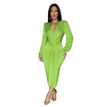 Green Long Sleeve Deep V Neck Pleated Women Bodycon Party Midi Dress