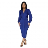 Blue Long Sleeve Deep V Neck Pleated Women Bodycon Party Midi Dress