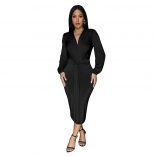 Black Long Sleeve Deep V Neck Pleated Women Bodycon Party Midi Dress