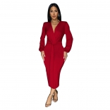 Red Long Sleeve Deep V Neck Pleated Women Bodycon Party Midi Dress