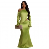 Green Off Shoulder Long Sleeve Two Pieces Irregular Tops Fashion Party Gowns Skirt Dress